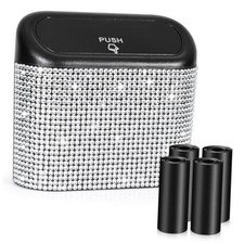 Bling Car Trash Can with Lid, Mini Auto Garbage 1 Black/White Rhinestone