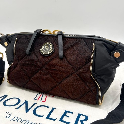 Moncler Harako Fur Leather Nylon Crossbody Bag Black Brown Gold Dust Bag