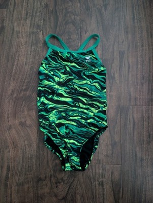 TYR 26 One Piece Swimsuit Girls Youth Green Black Swim Suit Marble
