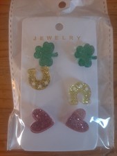 St Patrick's Day 3 Clover Design Stud Acrylic Earrings Clover Horseshoe Heart