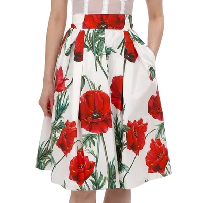 DOLCE & GABBANA Mohn Blume Baumwolle Tasche Rock Weiß Rot Grün Skirt  - Bild 1 von 4