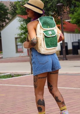 Himalayan Hemp THC Free Tan / Green natural Herringbone MEDIUM Handmade Backpack