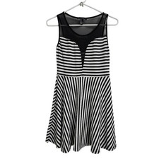 Forever 21 Black White Stripe Mesh Neck Fit Flare Dress Womens Size Small A62