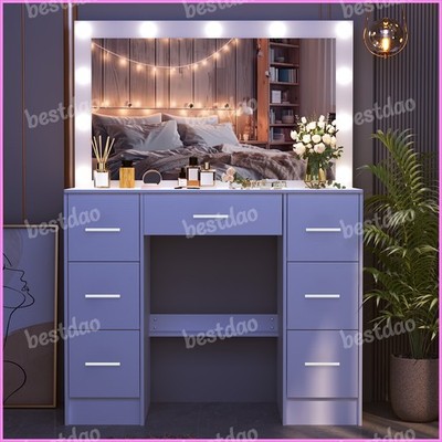 purple dresser with mirror Vanity Set 11 LED Lights with 3 Colours Mirror Dresser Table Makeup Desk  Drawers