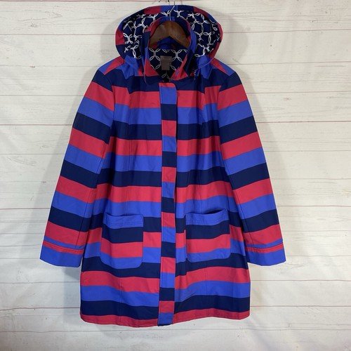 Chico's Womens Striped Rain Coat Sz Large Multicolor Removable Hood Zip Front