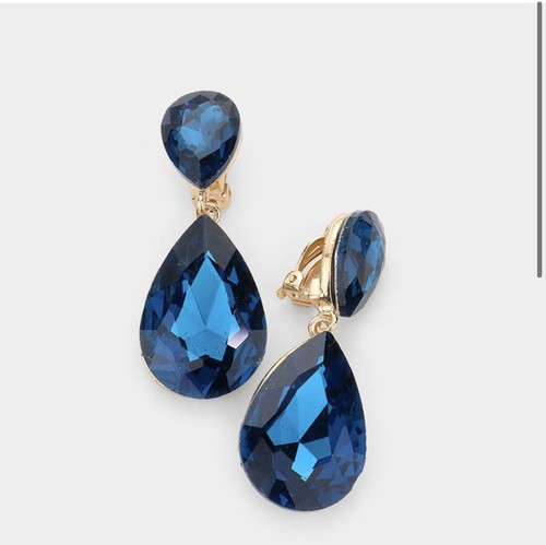 2” Clip On Long Teal Blue Austrian Crystal Pageant Rhinestone Teardrop Earrings - Picture 2 of 2