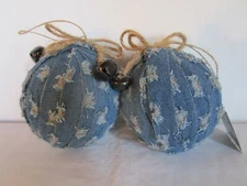 Set of 2 Blue Rag Denim Christmas Ball Ornaments with Bells