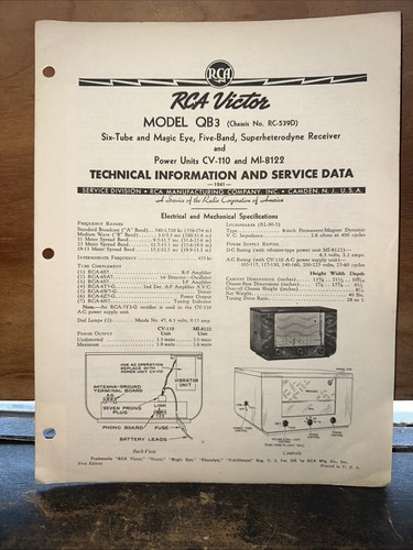 RCA Victor QB3 Service Data & Parts List Schematics 1941 First Edition