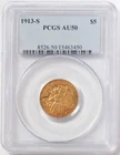 1913 S GOLD USA $5 DOLLAR INDIAN HEAD HALF EAGLE COIN PCGS ABOUT UNC 50