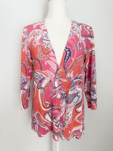 Chico's Womens Knit Button Down Cardigan Sweater Size 0 Pink Orange Paisley