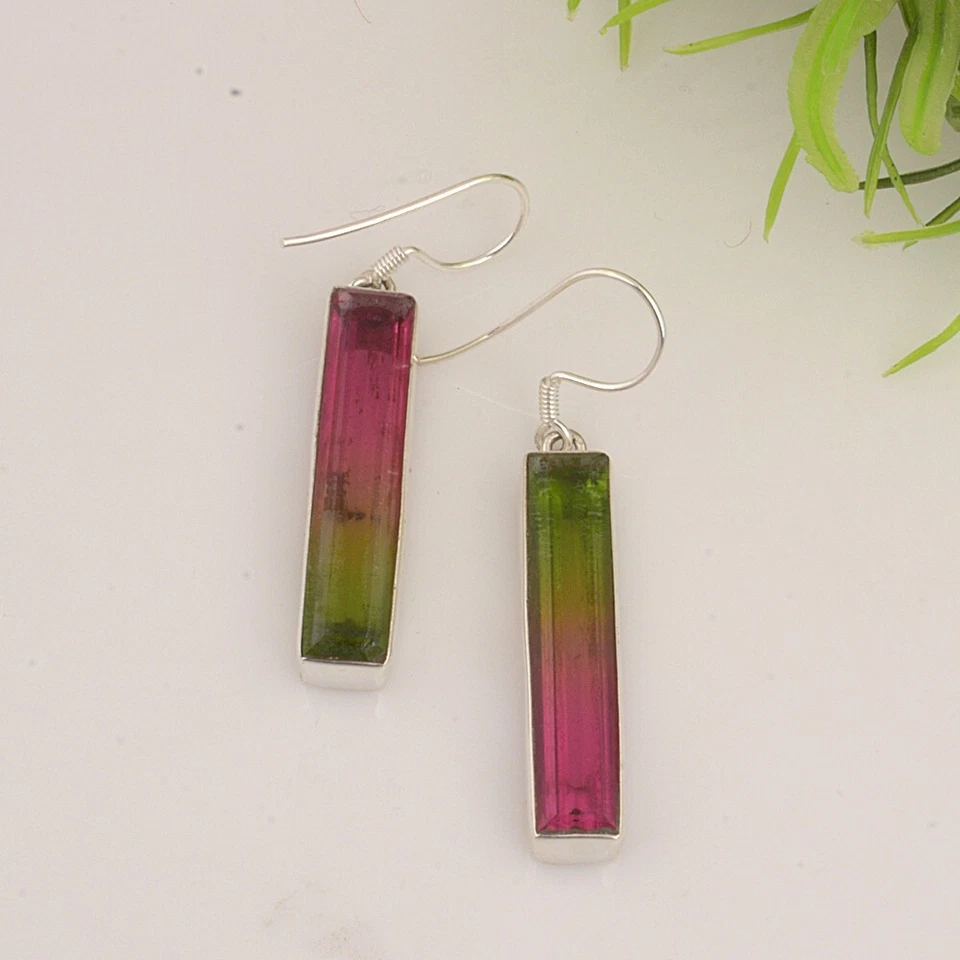 Lindo pendiente colgante sandía turmalina piedra grande plata de ley 925 para mujer Foto 2 de 4