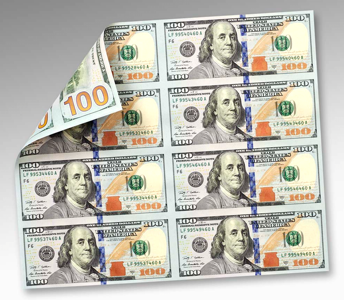 One Hundred Dollar Bill Sheet $100 2017A, US Federal Reserve Star
