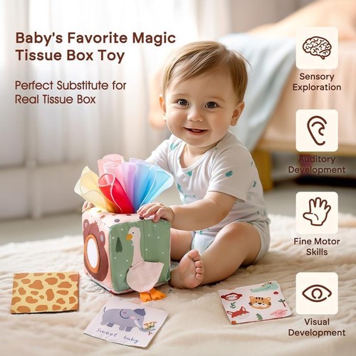 Montessori Baby Tissue Box Toy – Soft Cotton Rattle, Finger Exercise &busy Board