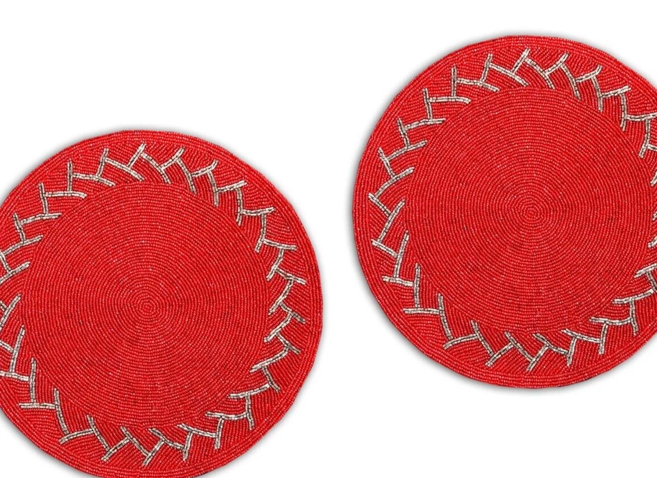 Set Of 6 Red Placemat Valentines Beaded Tablemat Designer Charger Plate 13X13 In - Image 4 of 4