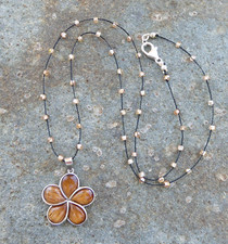 Hand Woven Black Cord Zircon Necklace, Sterling Silver Koa Wood Plumeria Pendant