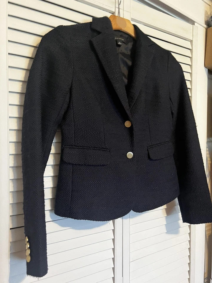 ANN TAYLOR Women’s Size 0 Suit Jacket Blazer Navy Blue Tweed Two Button - Image 2 of 4