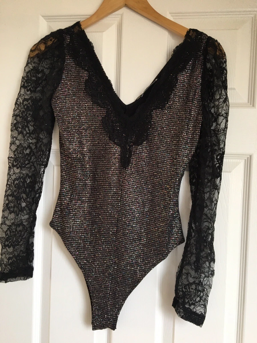 Zara SILVER Metallic Rhinestone /lace Bodysuit Size S BNWT