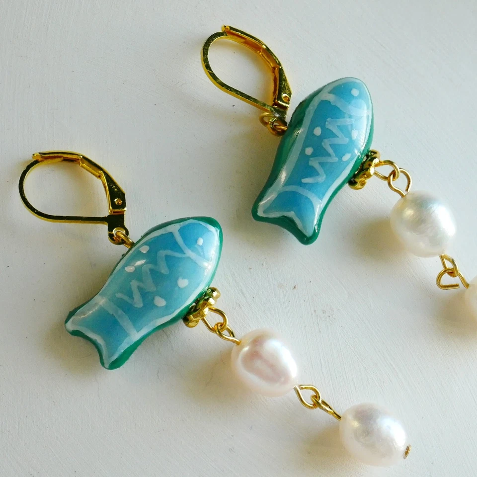 Pendientes colgantes de porcelana de perlas reales, pendientes colgantes de cerámica con perlas de agua dulce Foto 2 de 4