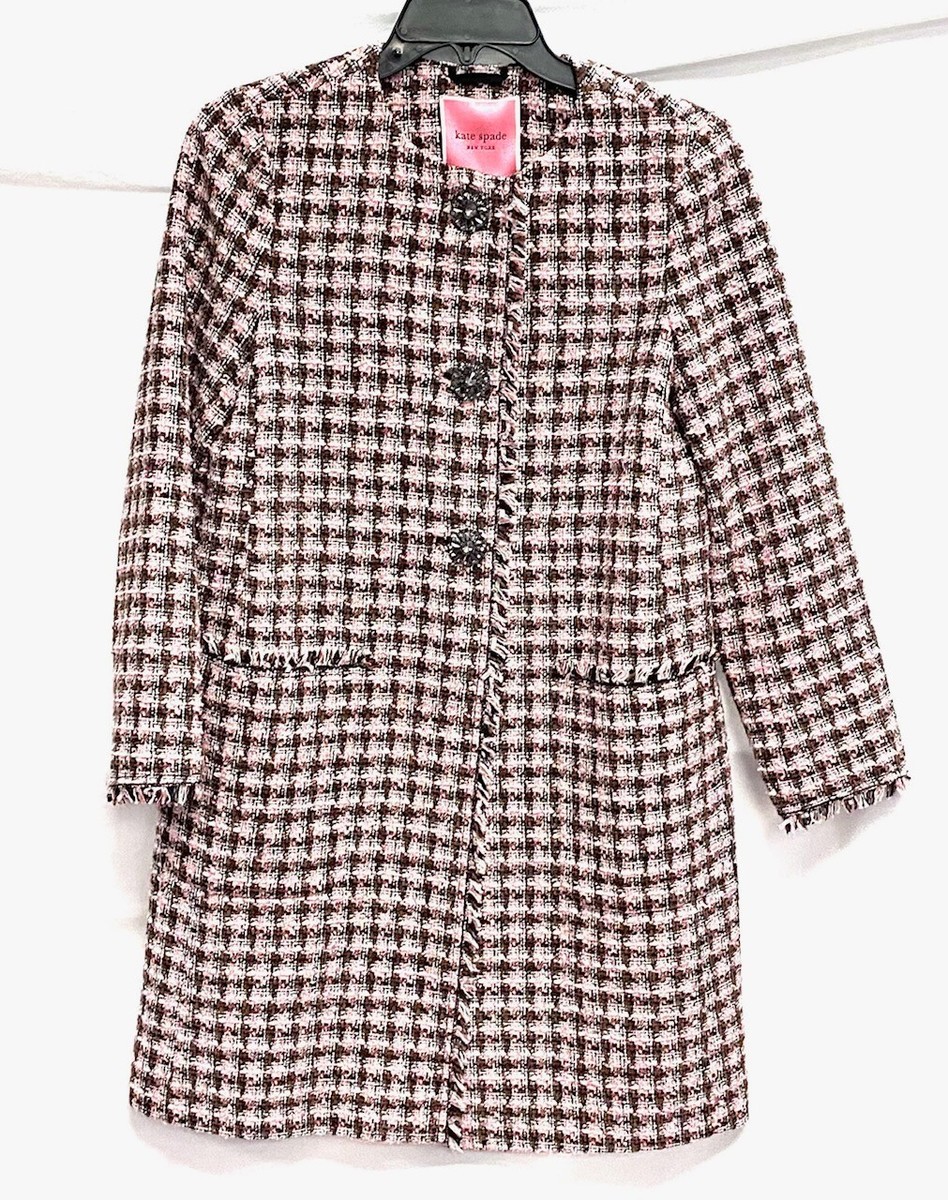 KATE SPADE Pink Black Brown Enchanted Tweed Coat Crystal