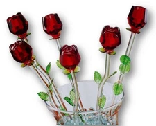 Bouquet of 6 x 12" Red Glass Roses with Green Leaves, valentines mothers day!