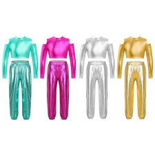 Kids Girls Shirt And Trousers Set Dance Crop Top With Pants Long Sleeve Sparkly