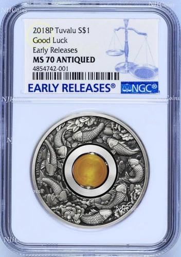 2018 P Tuvalu Good Luck Rotating Charm ANTIQUED 1Oz Silver $1 COIN NGC MS70 ER