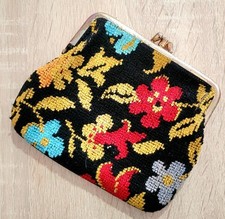 Vintage Small Fine Needlepoint Coin Purse Black Colorful Floral Kiss Lock Clutch
