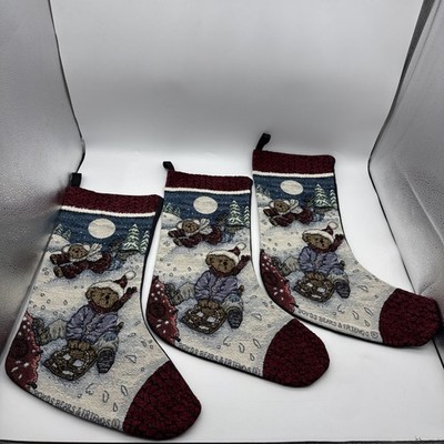 3 Boyds Bears ''Enjoy The Ride'' Aspen & Tahoe Tapestry Christmas Stockings