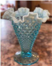 Vintage Fenton Blue Opalescent Hobnail Ruffled Trumpet Vase - 7.5"