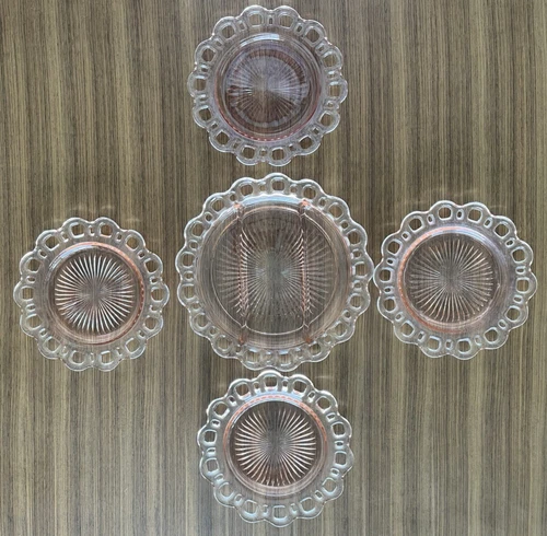 4 Vintage Pink Depression 8” plates/one 10" Relish Anchor Hocking Open Lace Edge