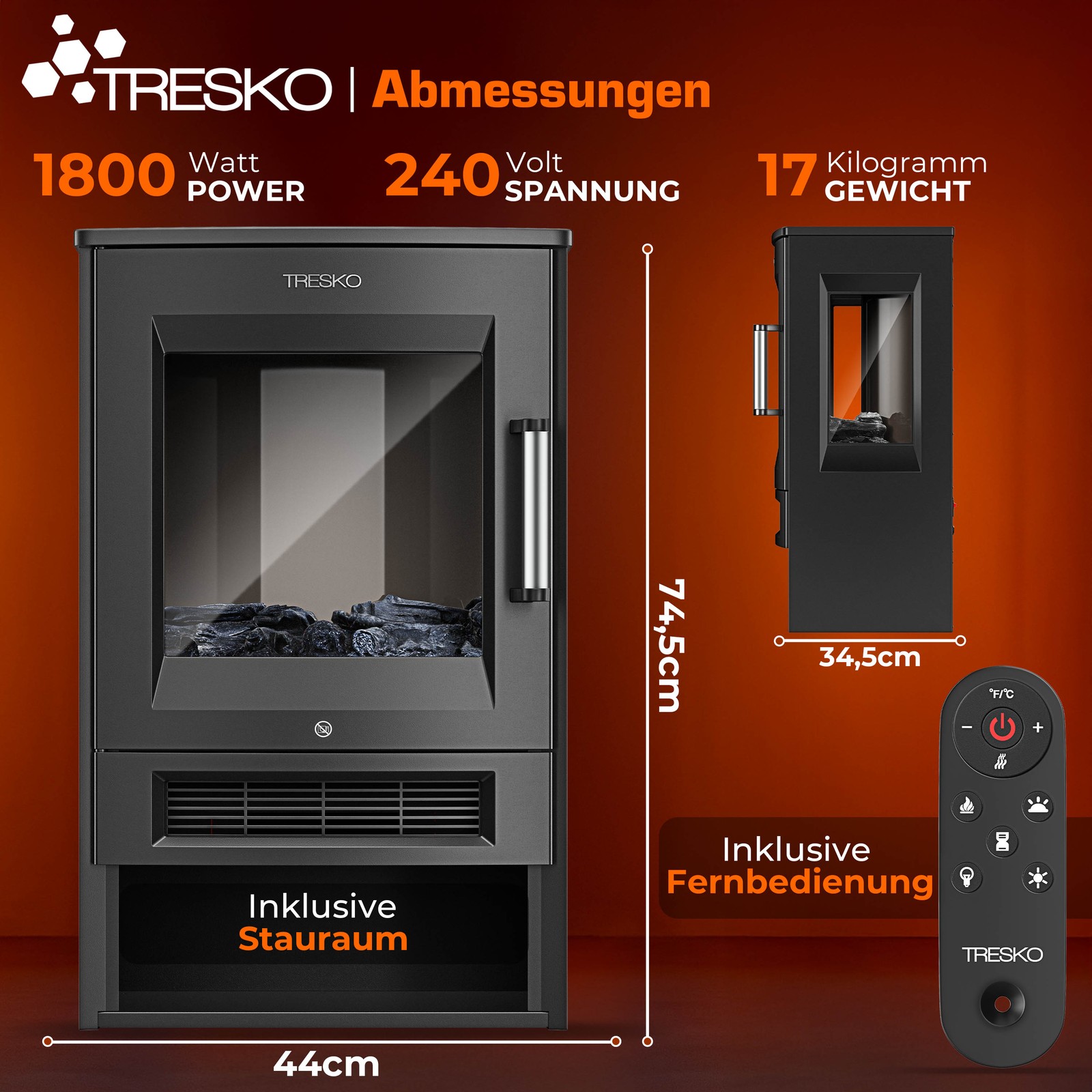 TRESKO® Camino Elettrico con Riscaldamento Camino Elettrico LED Camino da Terra Termoventilatore foto 2