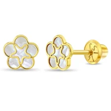 Mother of Pearl Flower Toddler / Girls Earrings Safety Screw Back - 14k Gold