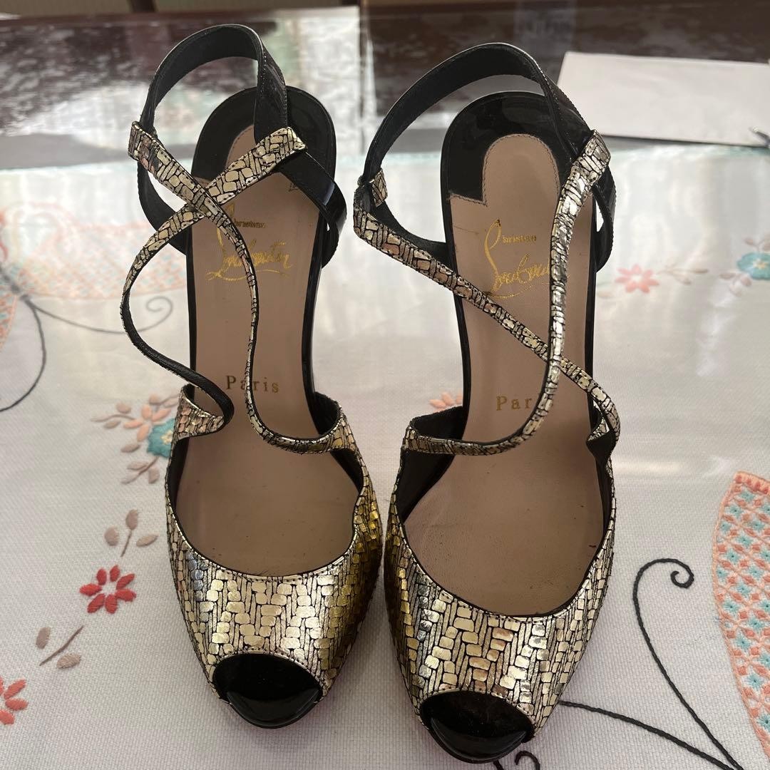Christian Louboutin Gold Black Open Toe Strappy High Heels Size 37 EU 6.5 US