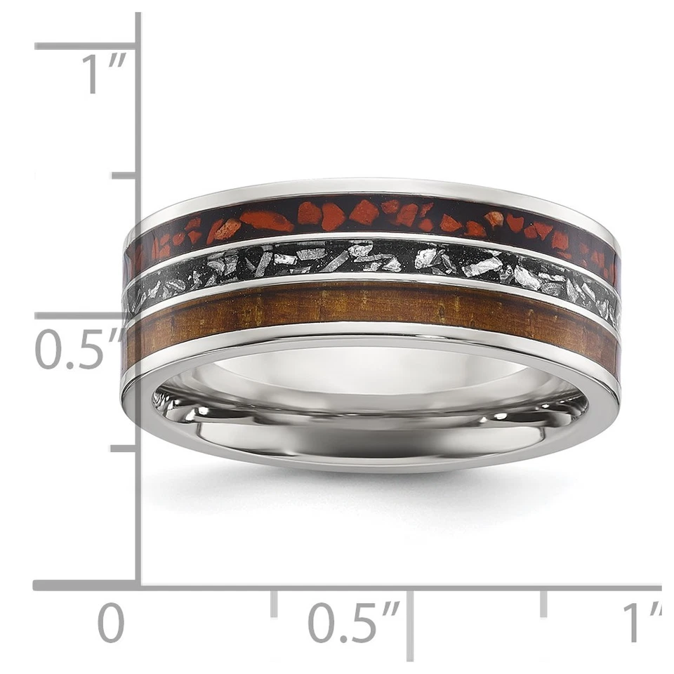 Titanium with Wood, Meteorite and Red Stone Inlay 8mm Band Men's Ring Size 11 - Image 4 of 4