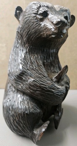 Vintage Wood Sitting Bear Salmon Fish Brown Black Grizzly Hand Carved Wooden Txx - Picture 3 of 15