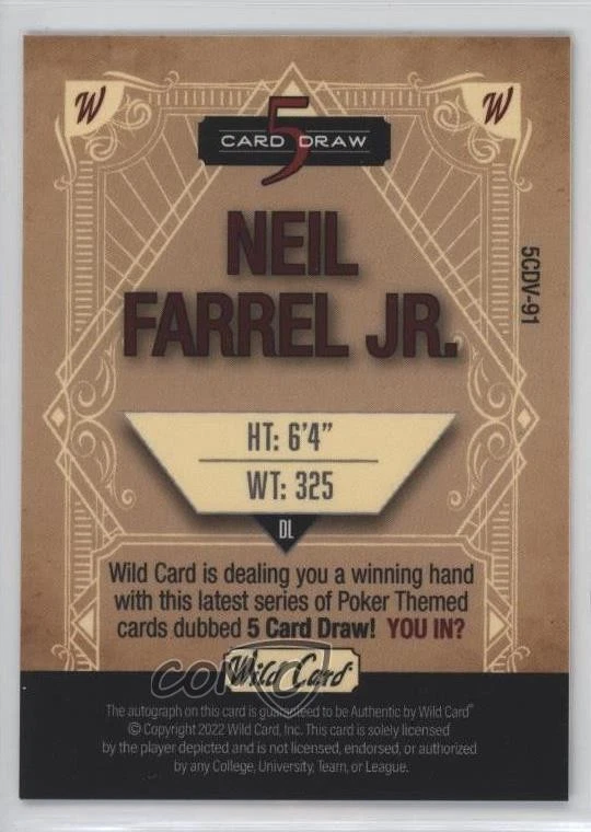 2022 Wild 5 Card Draw Vintage Gold Foil - 1/1 Neil Farrell Jr #5CDV-91 Auto 11ur - Image 2 of 3