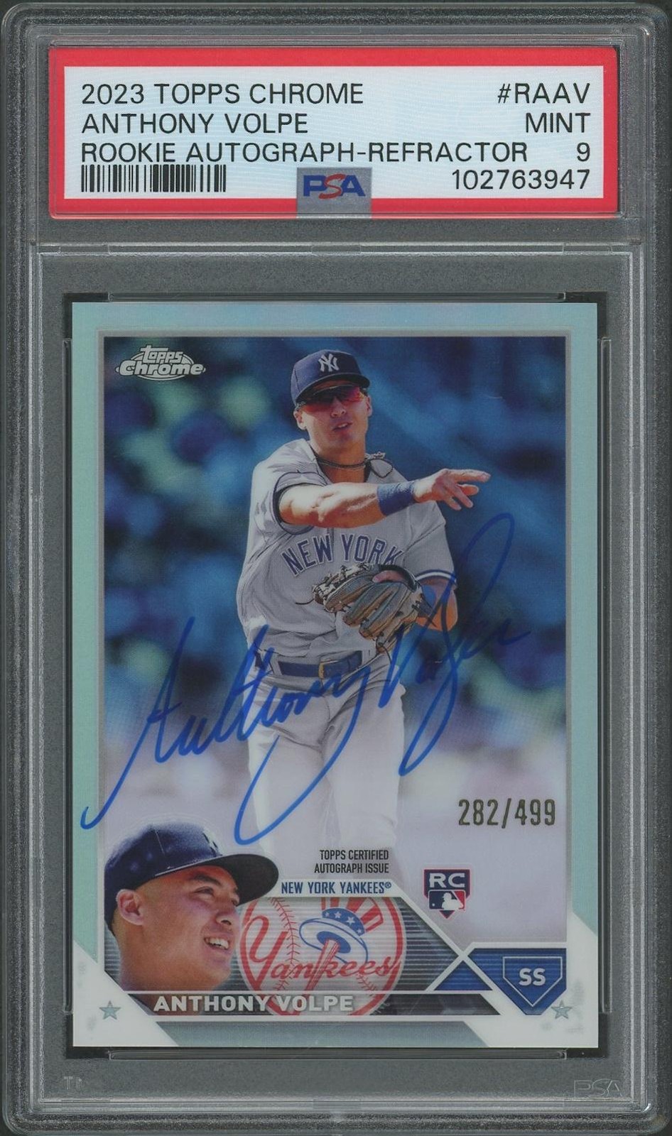2023 Topps Chrome #RAAV Anthony Volpe Refractor Rookie Auto #282/499 PSA 9