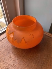 Orange Opaque Glass Round Vase With Faded Alpine Scene