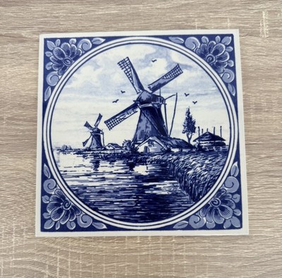 Vintage Delft Blauw Hand Painted Tile Holland Blue White Windmill Wall Art Decor