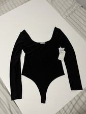 Leith Women s Black Long Sleeve Bodysuit Size M Scoop Neck Thong Bottom NWT