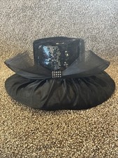 Whittall & Shon Ladies Black Straw Hat Made In USA Bow Sequins Derby Church