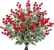 12 Pcs Artificial Christmas Flowers Holly Berry Stems 17.7'' Artificial Red Berr