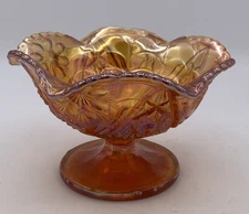 Carnival Glass Imperial Hobstar & Flowers Marigold Ruffled Candy Bowl Pedestal