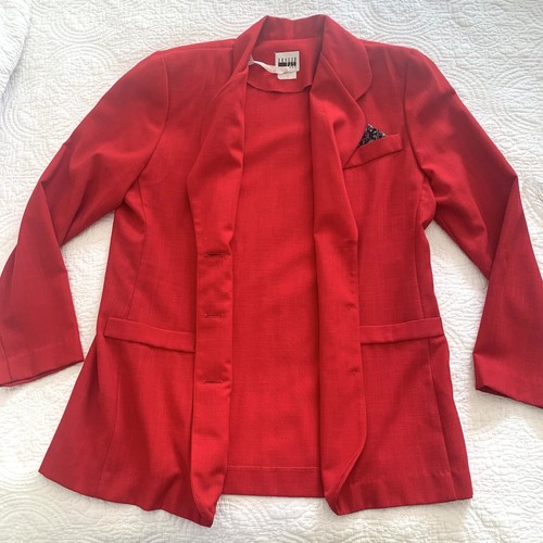 Leslie Fay Gr. 10 Vintage Lippenstift Rot Blazer Gold Knopf Jacke Einstecktuch - Bild 4 von 9