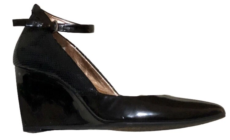 BCBG Generation Wedge Heels Ankle Strap Black Patent Leather