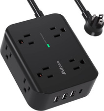 Power Strip Surge Protector - Flat Plug, Wall Mount, 8 Wide Outlets with 4 USB P