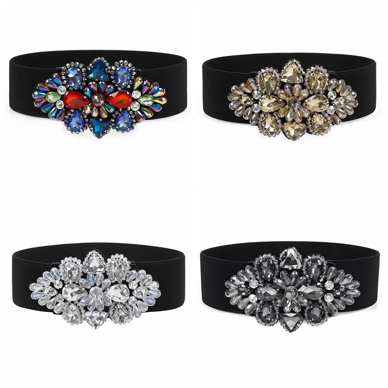 Women Rhinestone Crystal Stretch Wide Waist Belt Accessory for Dress Decor - Image 2 of 4