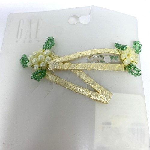 Vintage GAP Set of 2 Yellow Ribbon Covered Snap Hair Clips Beaded Floral Accent - Picture 4 of 5