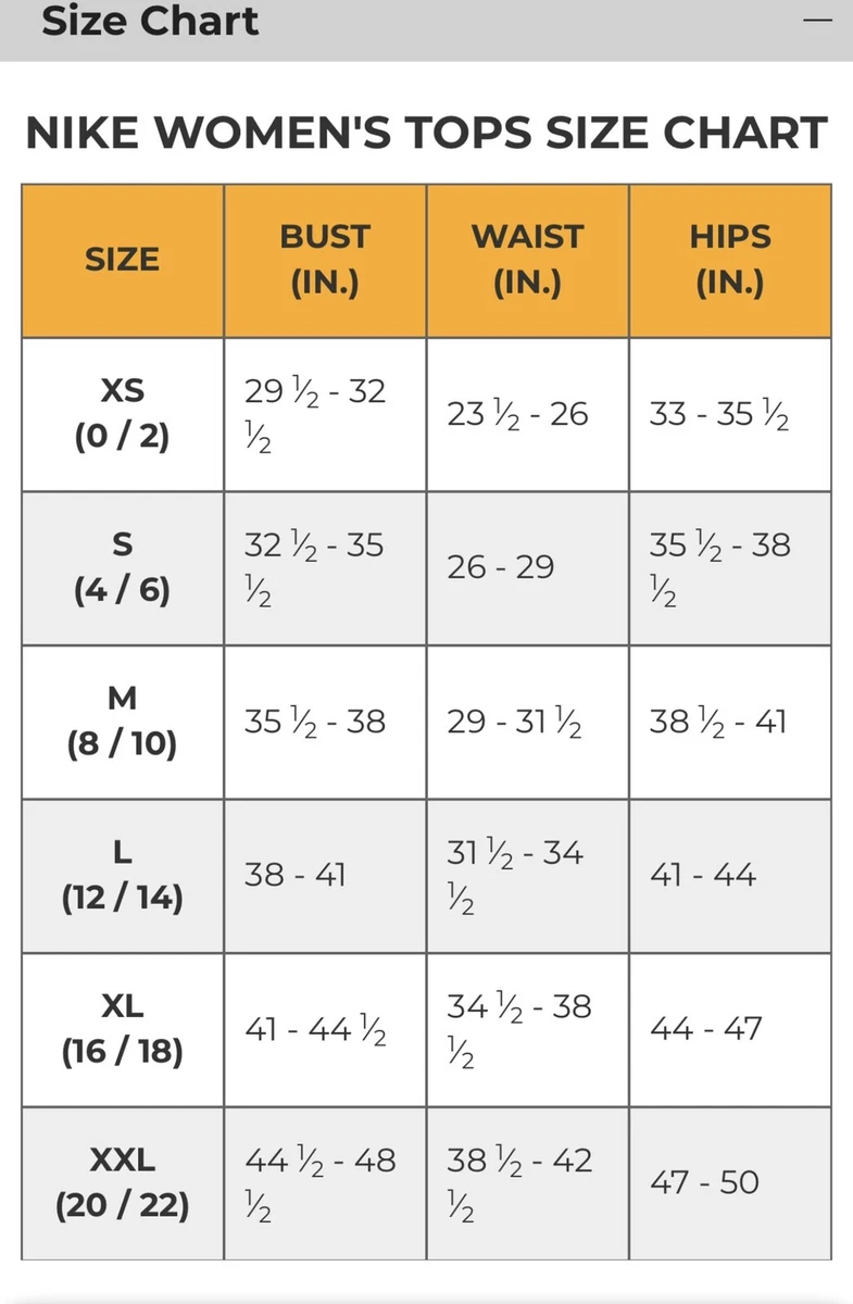 nike women's t shirt size chart