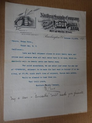 #ad 1894 Letterhead Northern Supply Company Burlington VT Flour Grain Feed Wells Ri $15.00